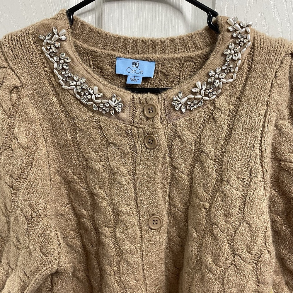 Cece Womens Crop Caramel/Tan 3/4 Sleeve Dressy Cardigan Sweater Rhinestones Sz.L - Picture 2 of 6